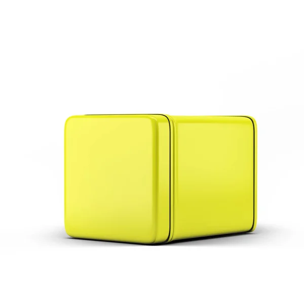 あなたのデザインプロジェクトのための黄色の四角形錫缶パッケージモックアップ モックアップ3Dイラスト白の背景に隔離 — ストック写真