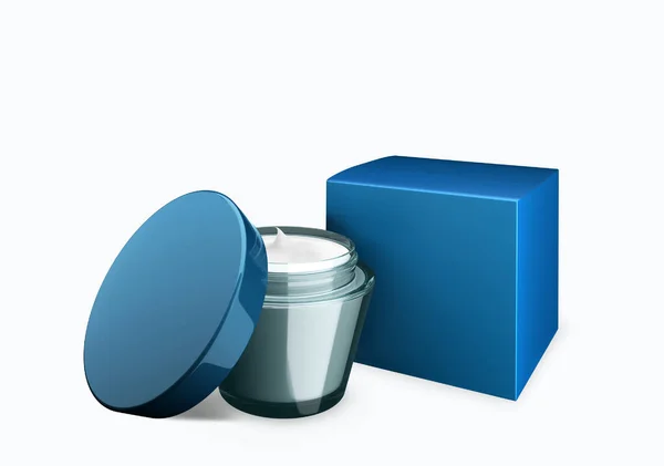 空の青い化粧品瓶モックアップ上の白い背景にスミアクリームでフロントビュー角度 3Dイラスト — ストック写真