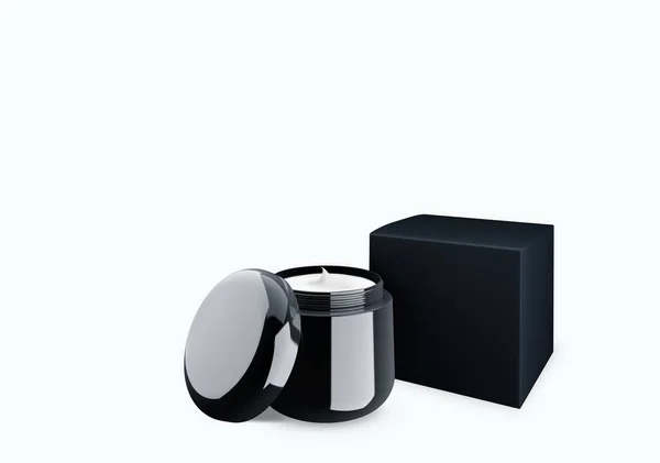 白色背景上的空白黑色光滑化妆品罐 前视角涂油 3D插图 — 图库照片