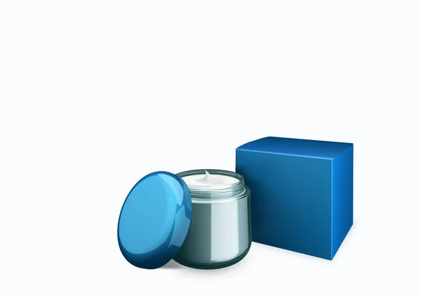 空の青い化粧品瓶モックアップ上の白い背景にスミアクリームでフロントビュー角度 3Dイラスト — ストック写真
