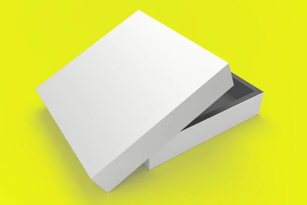 紙のギフトボックス 黄色の背景に正方形の白い箱 モックアップ用の梱包 ギフトボックス 3Dレンダリング — ストック写真
