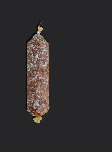 Rustic Goat Sausage Black Background Top View Copy Space Text — Stock Photo, Image