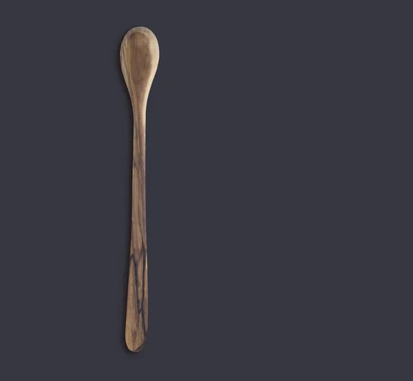 Top View Olive Wooden Spoon Isolated Dark Background Suitable Your — Stok fotoğraf