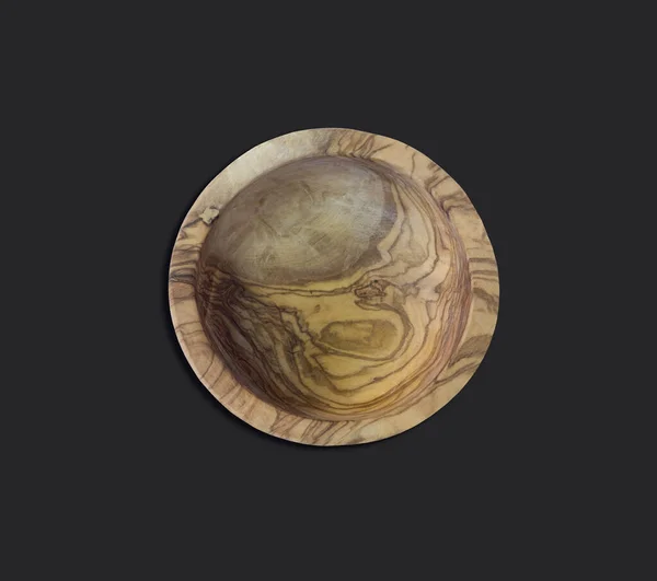 Top View Olive Wooden Bowl Black Background Flat Lay Style — Stock Photo, Image