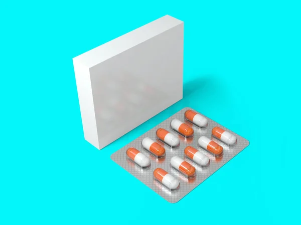 Vykreslování Prázdný Bílý Obal Box Pro Blistr Pilulek Izolované Barevném — Stock fotografie