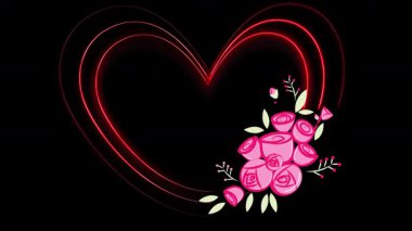 Siyah arka planda güllerle parıldayan bir kalp..
