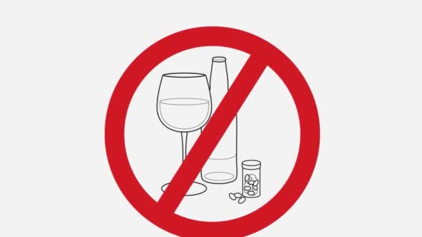 アルコール禁止のシンボルは コピースペースで飲酒 酒禁止の書き込みを取得します アルコール依存症はありません 中毒をブーズ ジプソマニア 白の背景を持つ負の兆候を飲みます 健康的なライフスタイルの概念 — ストック動画