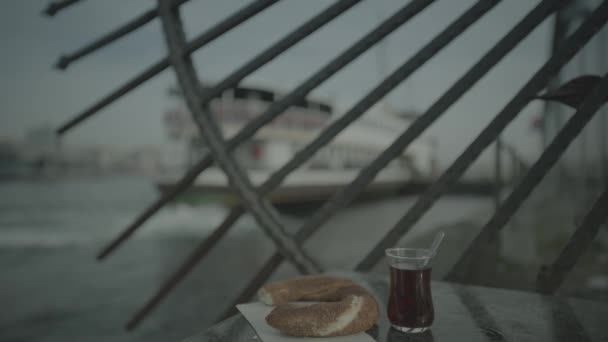 While Waiting Tea Bagel Ferry — Stock Video