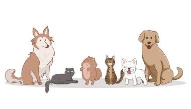 Oturan sevimli çizgi film kedileri ve köpekleri. 