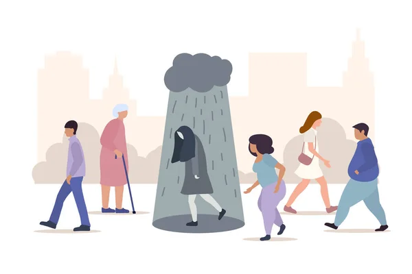 混雑した街の通りで雨が降って落ち込んでいる女性が雲の下を歩く うつ病精神障害孤独 — ストックベクタ