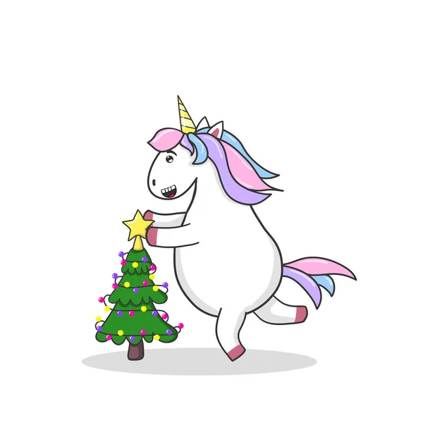 Unicórnio Dos Desenhos Animados Decorar Árvore Natal Colocando Estrela Topo — Vetor de Stock
