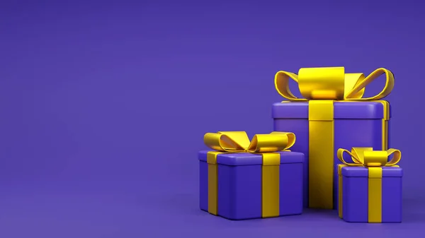 折扣旗帜设计与3D渲染紫色礼品盒与蝴蝶结和缎带 3D说明 — 图库照片