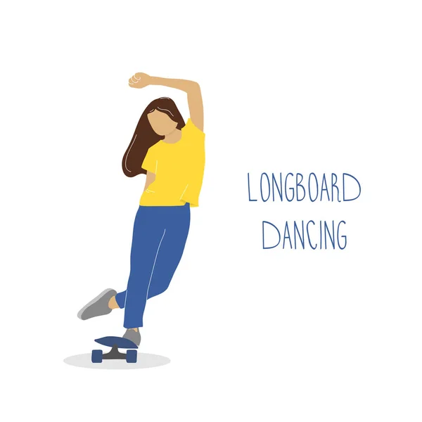 Mujer Joven Bailando Longboard Chica Montando Longboard Calle Ciudad — Archivo Imágenes Vectoriales