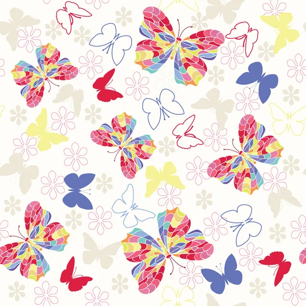 Nahtloses Muster mit fliegenden Schmetterlingen und Blumen. — Stockvektor