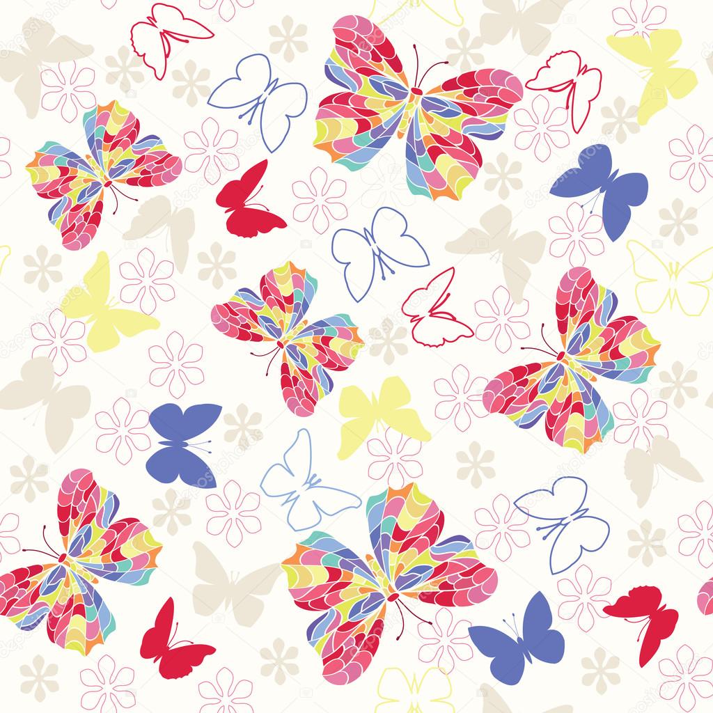 Seamless pattern with flying butterflies and flowers.