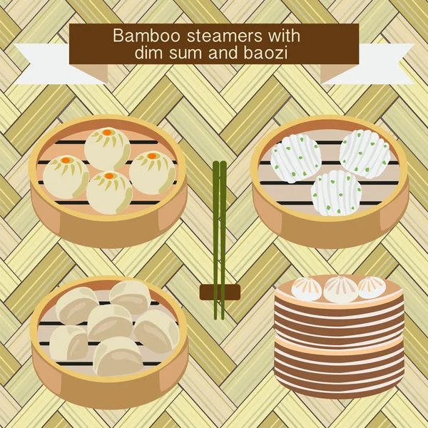 Vaporizadores de bambu com dim sum e baozi — Vetor de Stock