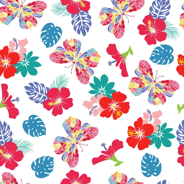 Fondo con hibisco de flores y mariposas voladoras — Vector de stock