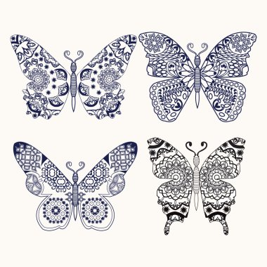 Kelebekler stilize zentangle elle çizilmiş şekil kümesi