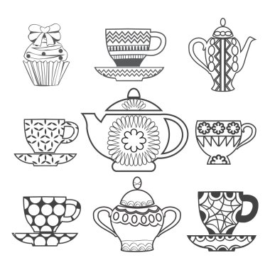 Arka plan çay saati, çay bardak, tencere ve Cupcake 