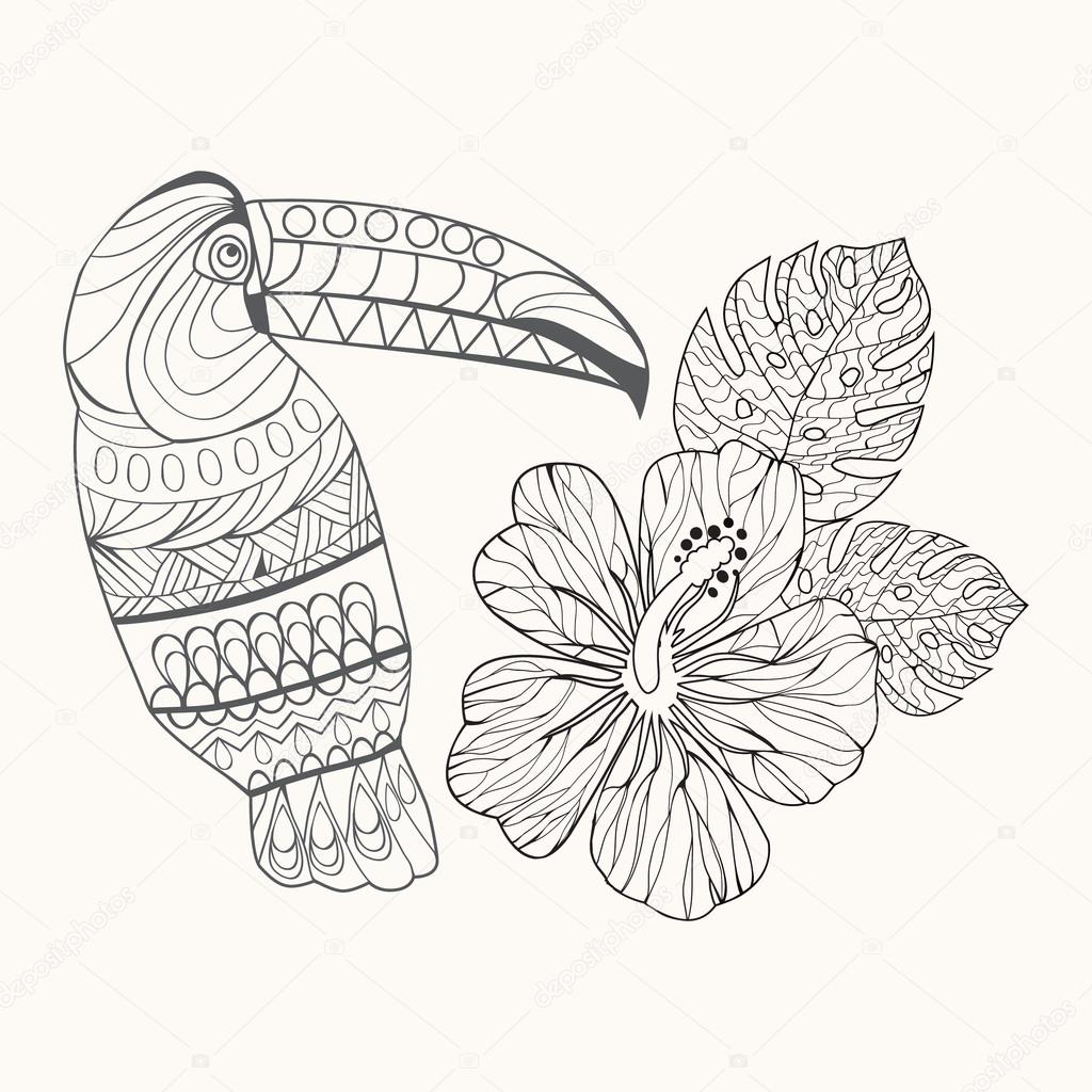 ltoucan e fiore di ibisco di sfondo — Vettoriali Stock © margolana Priorit bassa ibisco fiore e ltoucan disegnata a mano in bianco e nero muta per colorare disegni da colorare per adulti illustrazione di vettore