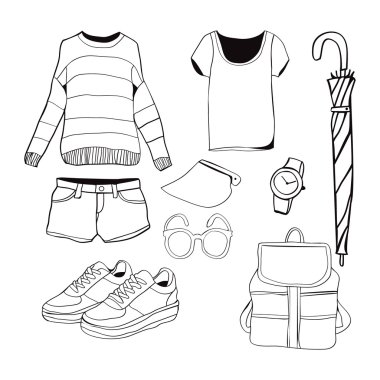 Çizilmiş vektör el moda kıyafetler ve aksesuarlar