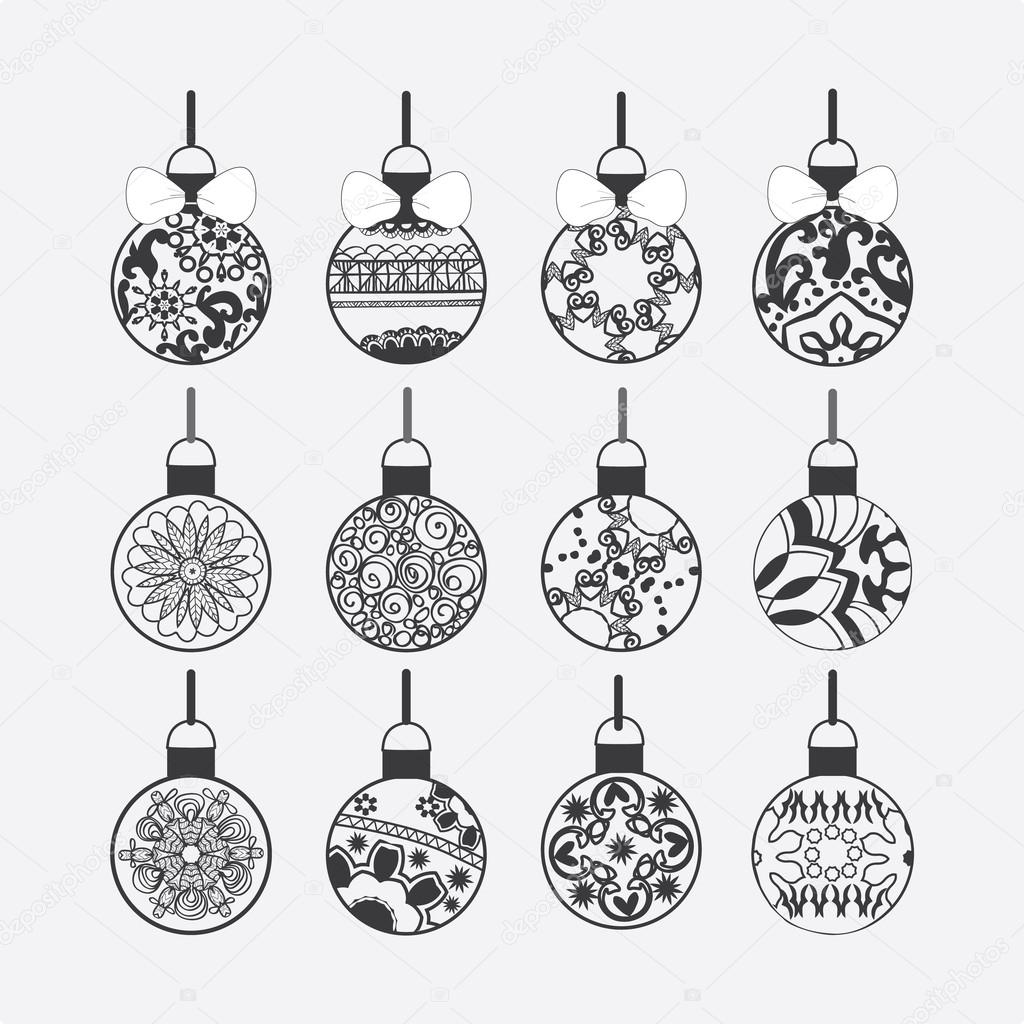 Insieme di vettore delle sfere di Natale isolato su priorit  bassa bianca Varie forme rotonde in zentangle stile ornato delle sfere di Natale