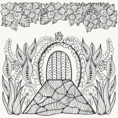 Soyut fantezi resim. Çiçek, yaprak ve kapı. Onları Bahçe