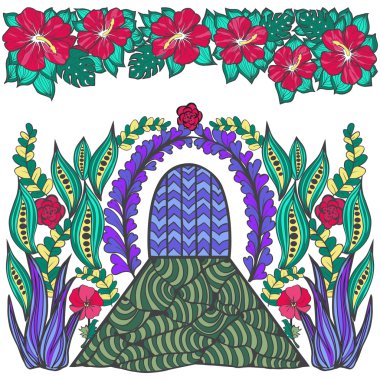  Soyut fantezi çizilmiş resim. Çiçek, yaprak ve kapı. 