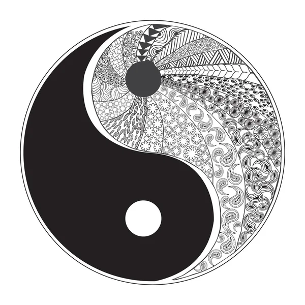 Yin ve yang dekoratif sembolü. Çizilmiş zentangle tarzı desig el — Stok Vektör