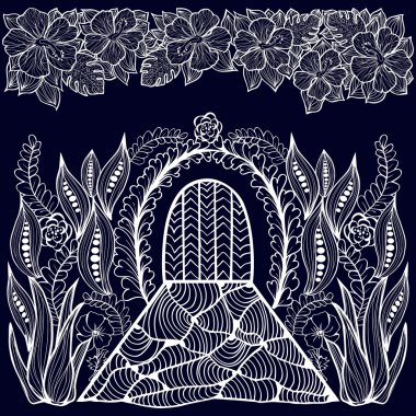 Siyah ve beyaz çizilmiş soyut fantezi resim. 