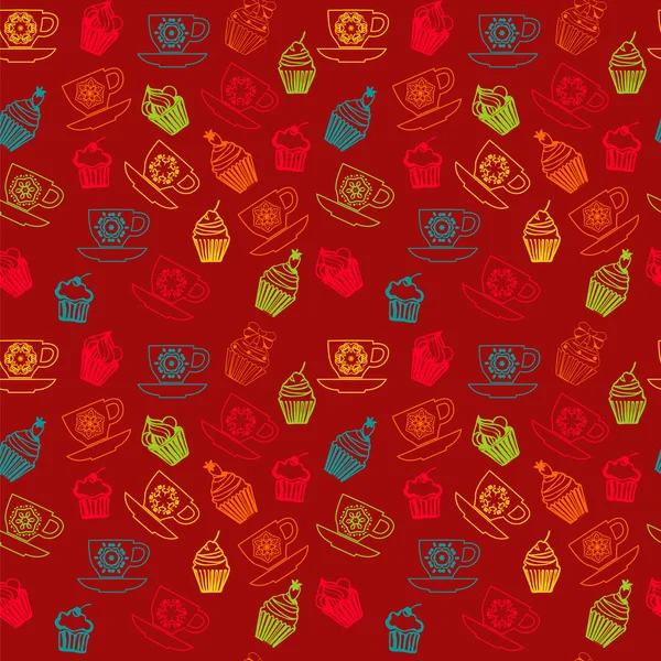 Tasses avec cupcakes dessiné à la main tracé motif sans couture coloré — Image vectorielle