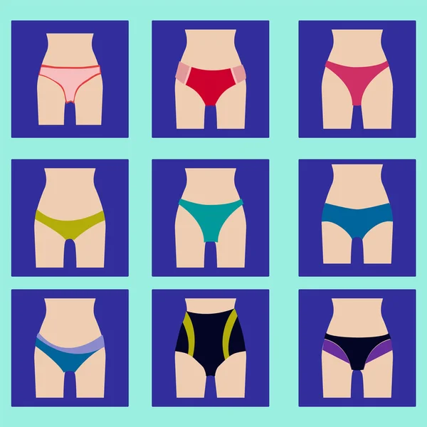 Různé typy žen kalhotky ikony set. — Stockový vektor