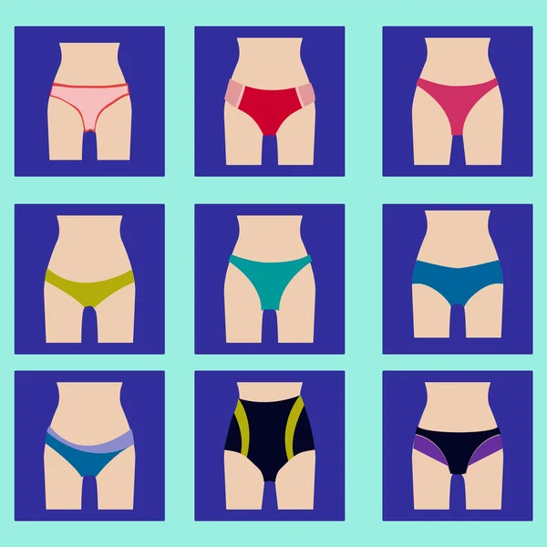 Varios tipos de mujeres bragas iconos conjunto . — Vector de stock