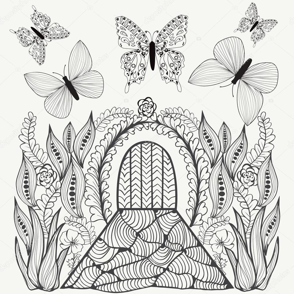 Immagine astratta disegnata a mano di fantasia Fiori farfalle e porta Tema di giardinaggio Modello etnico di vettore pu² essere utilizzato per carta da