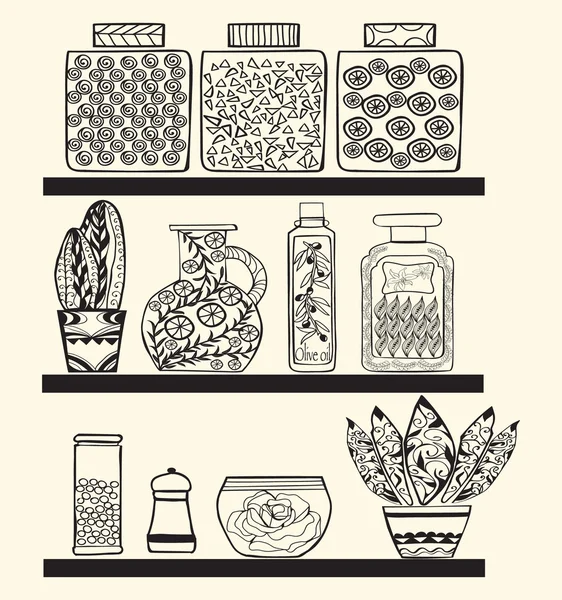 Kitchen or pantry shelves with goods — Stock Vector