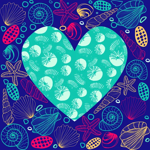 Cadre de bordure Seashell dessiné à la main et forme de coeur d'espace de copie — Image vectorielle