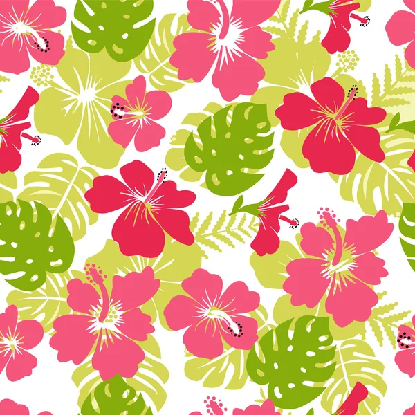Pattern of tropical leaves and flowers hibiscus flower — Stock Vector