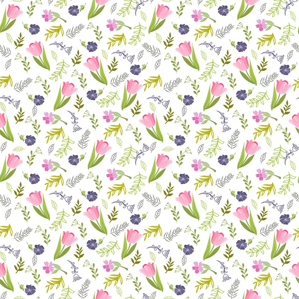 Elegante naadloze patroon met tulpen en wilde bloemen. — Stockvector