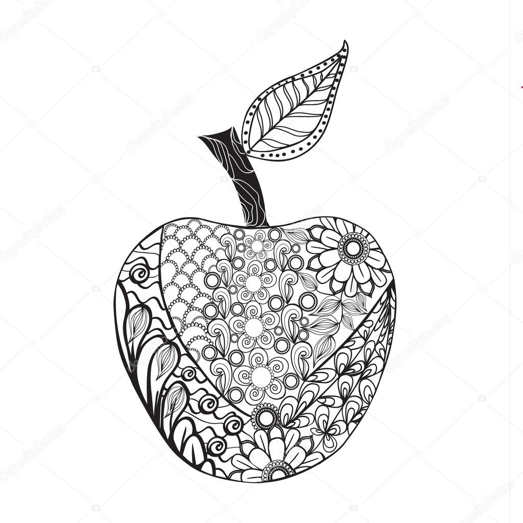 Vector style zentangle mela monocromatica per libro da colorare Illustrazione decorativa della frutta disegnata a mano di doodle muta ornato — Vettoriali