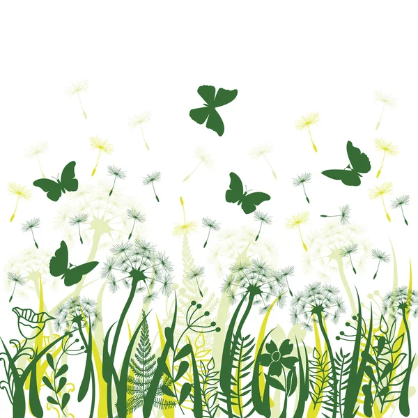 Background with green grass, wild herbs,,dandelions and butterfl — Stock Vector