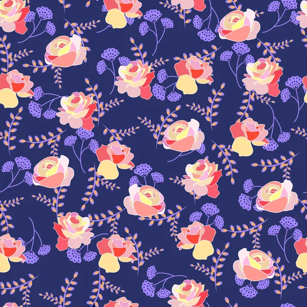 Bloemmotief met rozen en zomerbloemen op een blauwe pagina — Stockvector