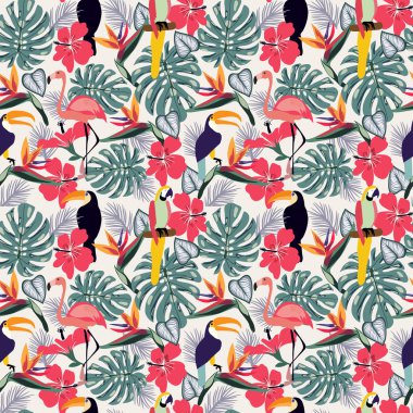 Tropikal bitkiler toucan kuşla ve sorunsuz çiçekler dekoratif