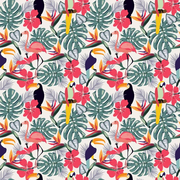 Tropikal bitkiler toucan kuşla ve sorunsuz çiçekler dekoratif