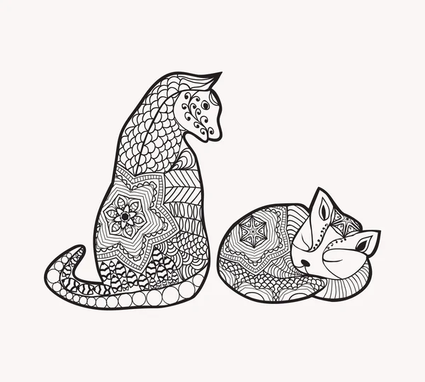 Ręcznie rysowane urządzone kreskówek kotów i kotek w stylu boho obrazu — Wektor stockowy