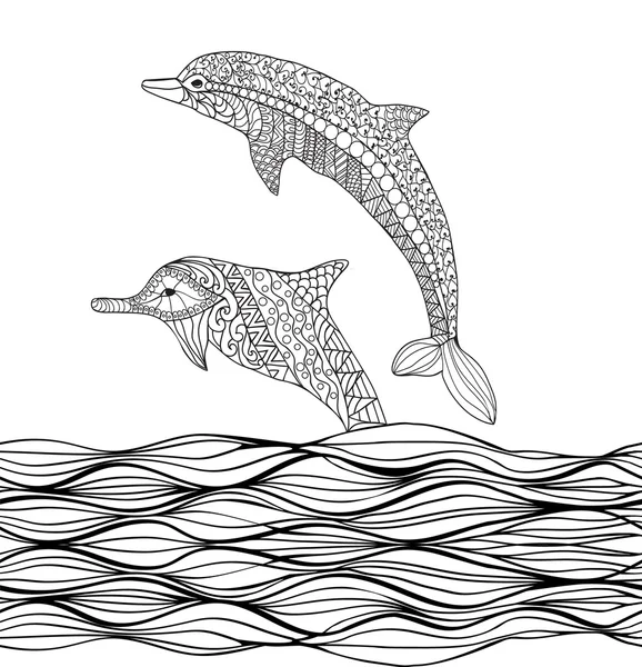 Handritad delfiner med rullning sea wave — Stock vektor