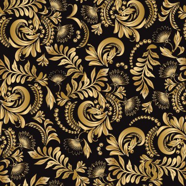 Floral seamless pattern decorative style Hohloma gold  clipart