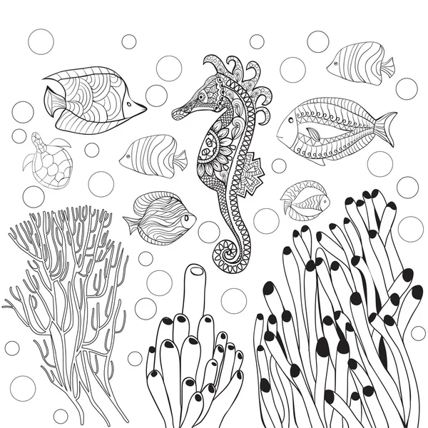 Dibujos para colorear con vida marina mundial submarina, peces, caballito de mar . — Vector de stock