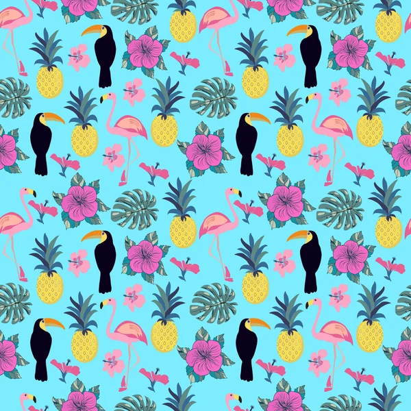 Pattern with flamingo, pineapple, toucan and monstera leaves. — Stock Vector