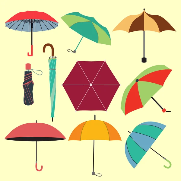 Collection of different fashion  umbrellas in flat style- — Stock Vector