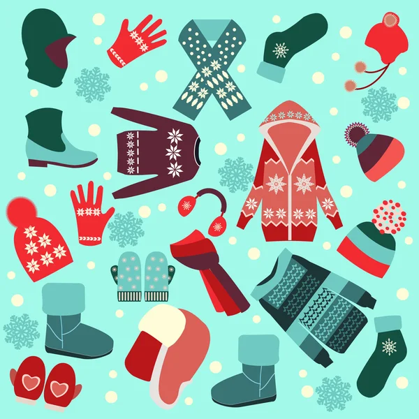 Collectie winter kleding en accessoires. — Stockvector